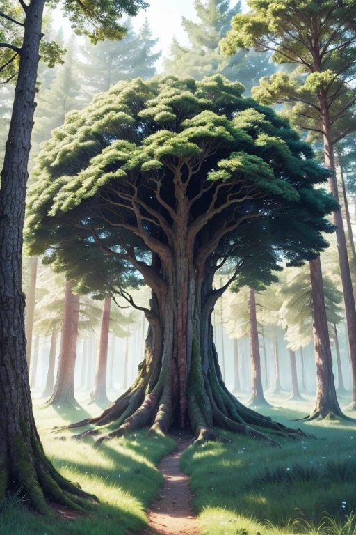 magical tree, forest, magical light in the air, clear blue sky, sunlight, beautiful landscape, gigantic tree, hyper realistic, HD, extremally beautiful, heaven, paradise, no human, spirituality & wisdom