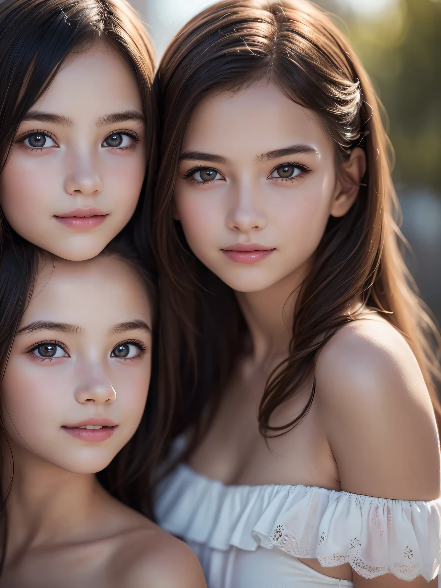 (2 young girls:1.3), (Ultra Realistic, hight resolution), (Highly detailed eyes, Highly detailed hair, Highly detailed face, Highly detailed plump lips), Naked, (off shoulders), breasts, Upper body, Search Smile, (Best Quality:1.4), Raw photo, (Realistic, photo-Realistic:1.37), Professional Photography, Cinematic Light, (Fine face: 1.2),