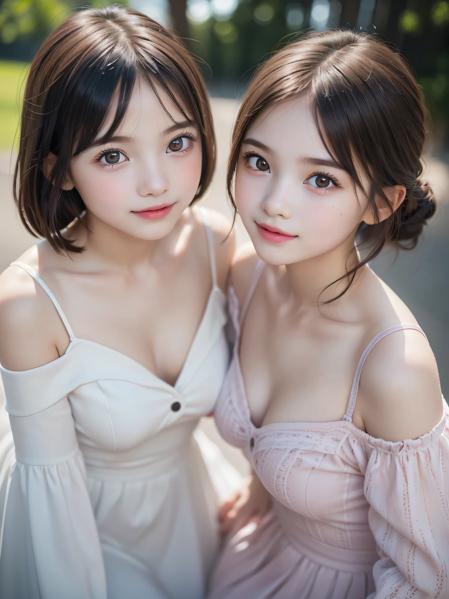 ((2 Little Girls:1.3)), (Ultra Realistic, hight resolution), (Highly detailed eyes, Highly detailed hair, Highly detailed face, Highly detailed plump lips), (off shoulder with open breasts), breasts, Upper body, Search Smile, (Best Quality:1.4), Raw photo, (Realistic, photo-Realistic:1.37), Professional Photography, Cinematic Light, (Fine face: 1.2), (View from above),