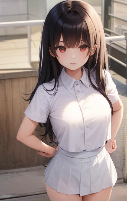 1 Young girls, 独奏, White polo shirt, White sneakers,
, white mini-skirt, tmasterpiece, Best quality at best, realistically, ultra - detailed, (shiny skins, perspired:1.4), Huang Li, looking at viewert, with short black hair, with brown eye,slenderness,Dynamic light and shadow,A high resolution,Focus sharp,depth of fields,The eyes are delicate,Sharp pupils,student reality,(Bigchest:1.6),(upper legs粗:1.0),luring,sky sky,ultra - detailed,tmasterpiece,Best quality at best,love letter,blush blush,Yazawa Nico,red eyes, On the cheongsam,face flushed,Blunt hair,On the ground, upper legs,chubbiness,ssmile,both hands on hip,