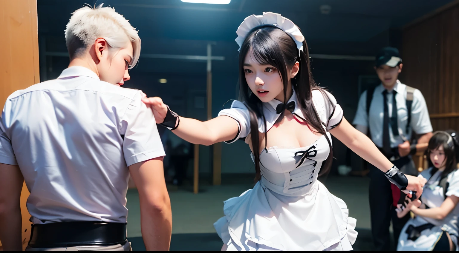 Two beautiful and adorable Japanese supermodel girls brutally lynching and abusing a man in cosplay costumes.。、 A girl in a maid uniform and a girl in a white cyber dress high kick a man from the front and back