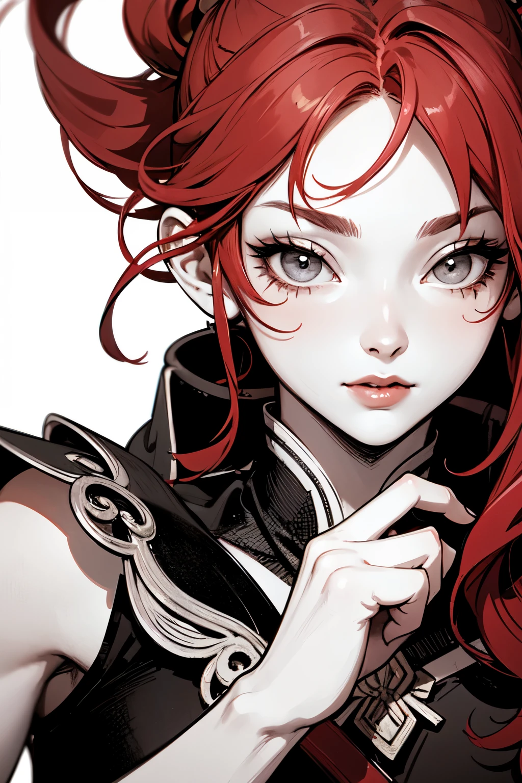 (Cloisonnism:1.2), White background , 1 close up of a woman in a costume holding a sword, a character portrait, fantasy art, extremely detailed ,hot fire goddess, red haired goddess, Oriental elements, reasonable design, Clear lines, (lineart, monochrome), perfect hands, perfect anatomy, perfect posture