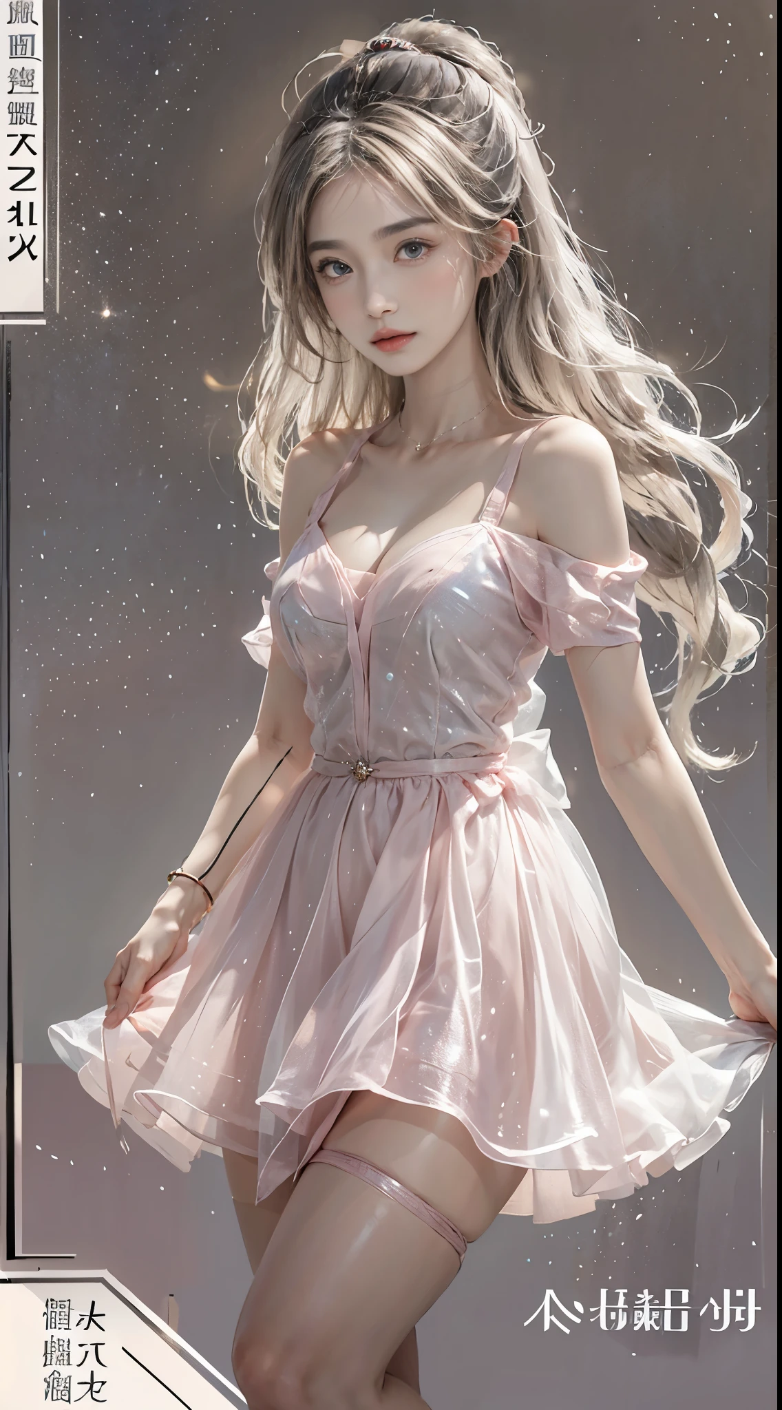 dress, realistically, A high resolution, 1人の女性, Alone, (Detailed faces), Brown hair,  blue color eyes, beautiful boobs , 0p、blend４, (Best Best Illustration: 1.1), (The best shadow: 1.1), Expressing the、Glowing and radiant skin。actual、(真实感:1.37)、(K-pop idol)、messy  hair、Medium hair、(pink blush)、(illuminated)、(独奏)、dynamicposes、(lean legs)、north african free trade area、The content is very detailed ambient occlusion、超A high resolution, 超actual, The content is very detailed