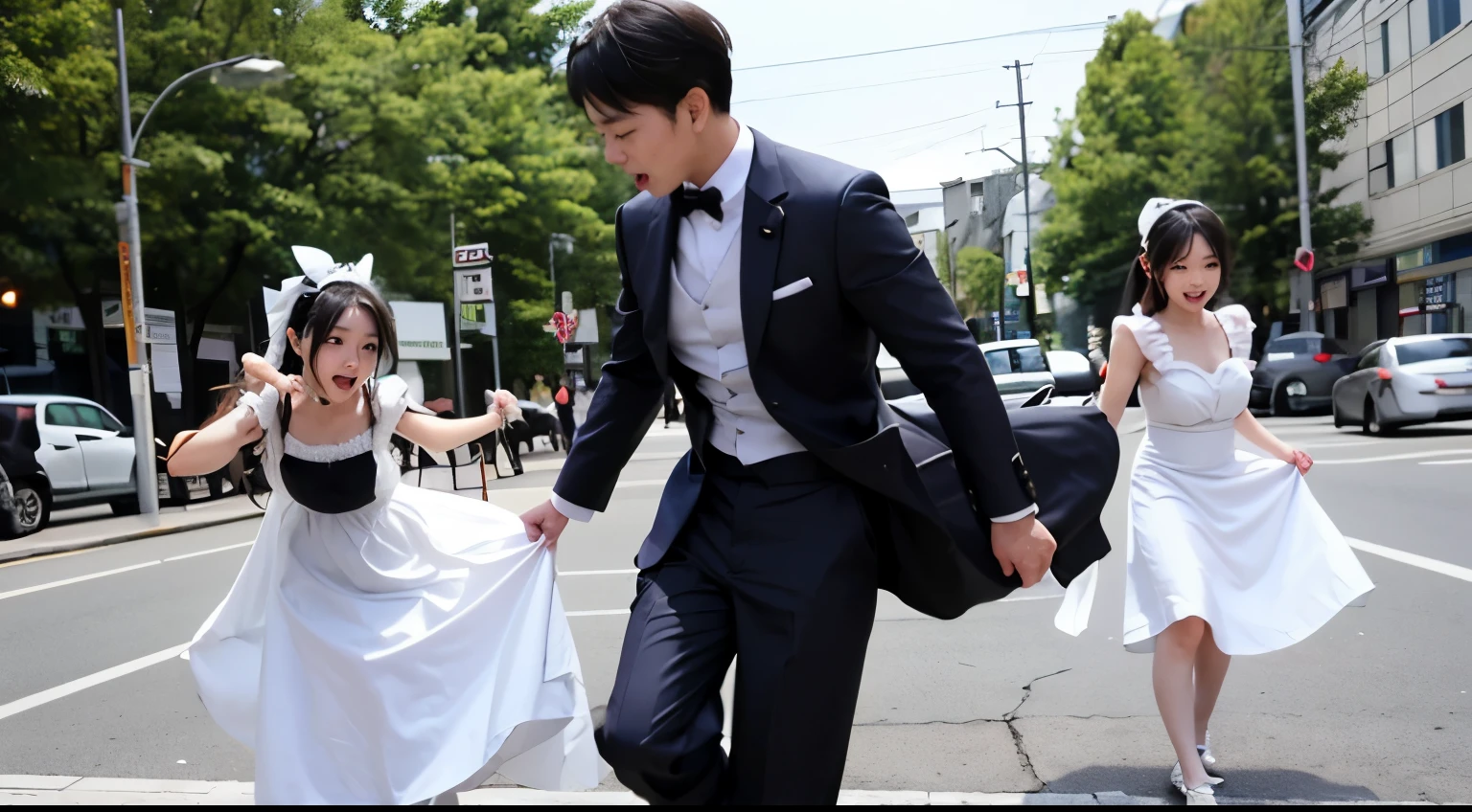 Two beautiful and adorable Japanese supermodel girls brutally lynching and abusing a man in cosplay costumes.。、 A girl in a maid uniform and a girl in a white cyber dress high kick a man from the front and back
