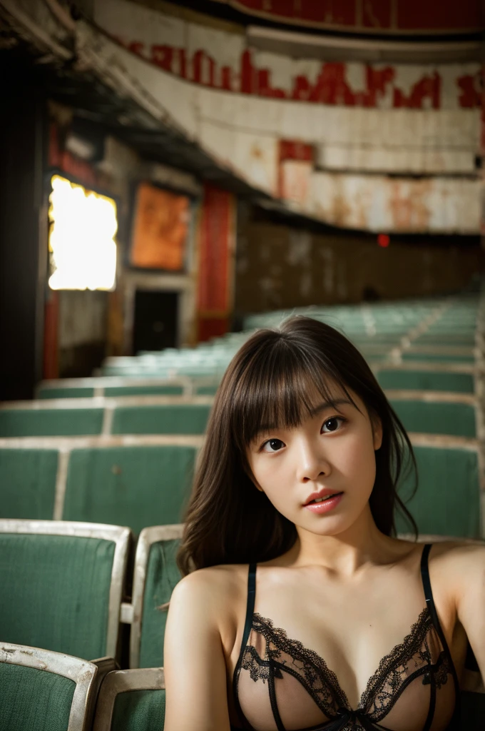 (a woman in a textile lingerie:1.2), inside of a abandoned old movie theater, 1 woman, selfie, Korean idols, japanese beauty, high quality, (detailed face:1.4) best quality,8k