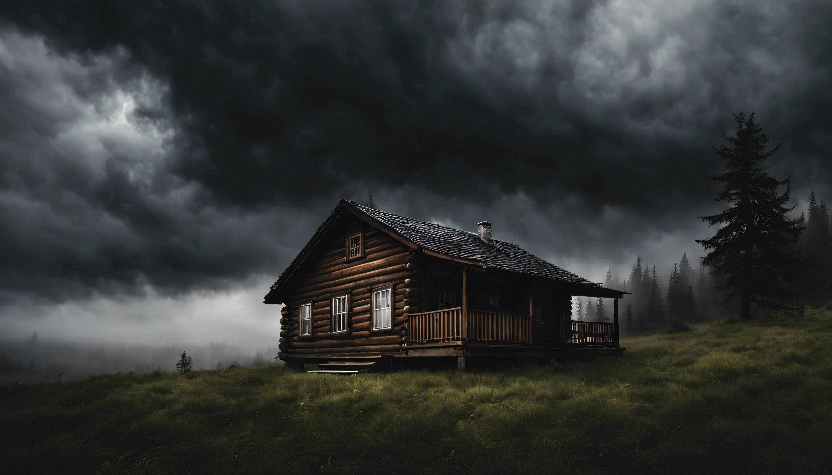 crie uma foto de uma cabana realista, with few trees around, showing a cloudy sky surrounded by dark storm clouds, Fotografia 4k, dark scenery with lots of fog.