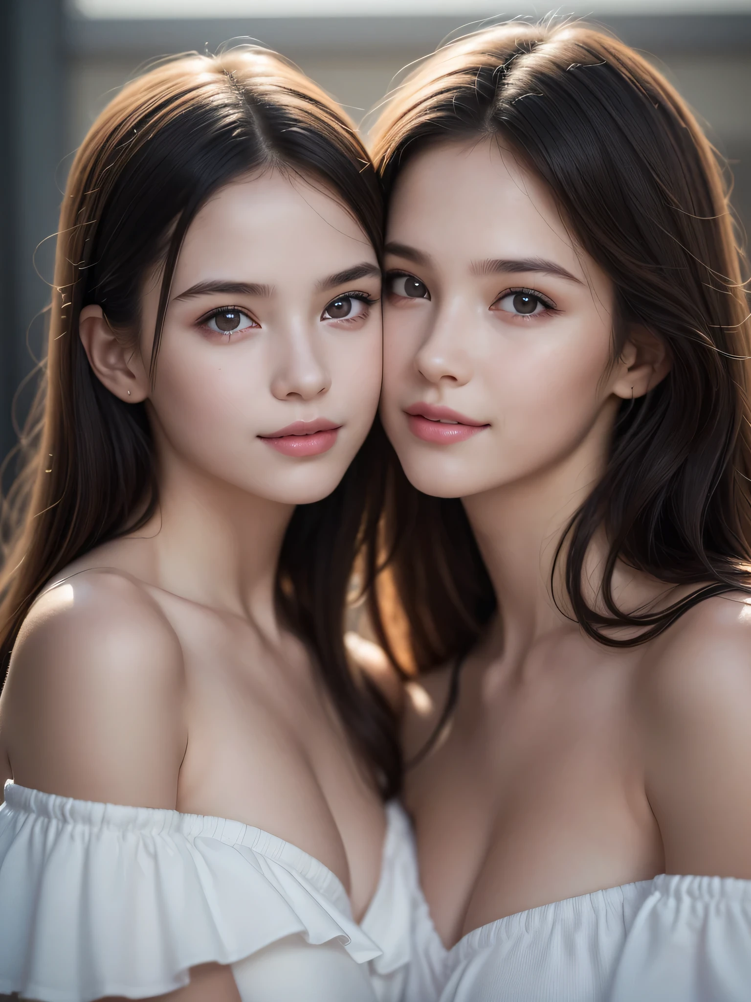 (2 young girls:1.3), (Ultra Realistic, hight resolution), (Highly detailed eyes, Highly detailed hair, Highly detailed face, Highly detailed plump lips), Naked, (off shoulders), breasts, Upper body, Search Smile, (Best Quality:1.4), Raw photo, (Realistic, photo-Realistic:1.37), Professional Photography, Cinematic Light, (Fine face: 1.2),