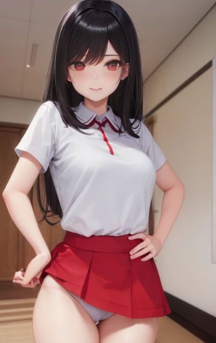 ung girls, 独奏, White polo shirt, White sneakers,
, white mini-skirt, tmasterpiece, Best quality at best, realistically, ultra - detailed, (shiny skins, perspired:1.4), Huang Li, looking at viewert, with short black hair, with brown eye,slenderness,Dynamic light and shadow,A high resolution,Focus sharp,depth of fields,The eyes are delicate,Sharp pupils,student reality,(Bigchest:1.6),(upper legs粗:1.0),luring,sky sky,ultra - detailed,tmasterpiece,Best quality at best,love letter,blush blush,Yazawa Nico,red eyes, On the cheongsam,face flushed,Blunt hair,On the ground, upper legs,chubbiness,ssmile,both hands on hip,Positive perspective