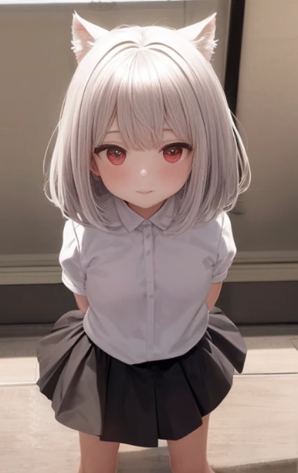 1 Young girls, 独奏, White polo shirt, White sneakers, 
, white mini-skirt, tmasterpiece, Best quality at best, realistically, ultra - detailed, (shiny skins, perspired:1.4), Huang Li, looking at viewert, with short black hair, with brown eye,slenderness,Dynamic light and shadow,A high resolution,Focus sharp,depth of fields,The eyes are delicate,Sharp pupils,student reality,(Bigchest:1.6),(upper legs粗:1.0),luring,sky sky，ultra - detailed，tmasterpiece，Best quality at best，love letter，blush blush，Yazawa Nico,red eyes, On the cheongsam,face flushed,Blunt hair,On the ground, upper legs，chubbiness，ssmile，both hands on hip，Positive perspective