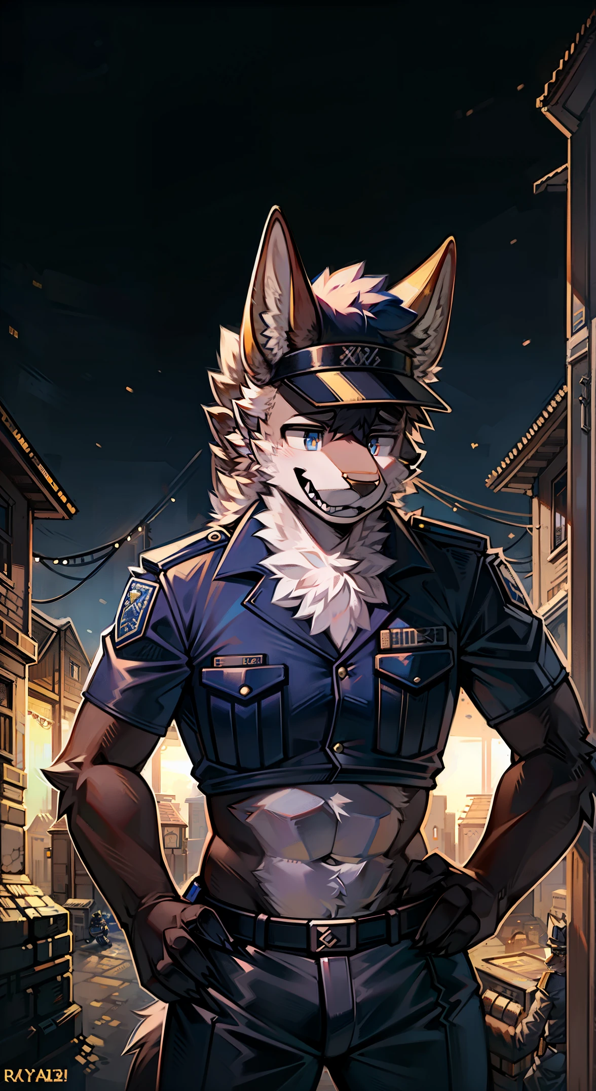 furry, police officer, Policeman, furry police, furry sheriff, Police cap, bright background, Village Background