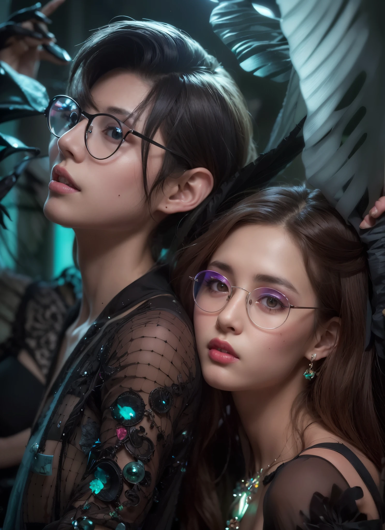 araffe and a woman standing next to each other in front of a waterfall, with glasses, portrait shot, with square glasses, ( ( eye glasses ) ), glasses, eyeglasses, wearing small round glasses, wearing thin large round glasses, with glasses on, korean artist, wearing glasses, yanjun chengt, from 8 k matte, with black eyeglasses,
light particles, halo, (bioluminescent:0.95), bioluminescent, piercing glare, vibrant, (((colourful))), color, (glowing, glow),ancient customs, wind blow, blossom, pond, night, moon relection in the pond, reflection light, depth of field, from behind, multiple views, delicated best quality ,masterpiece, illustration, an extremely delicate and beautiful, extremely detailed ,CG ,unity ,8k wallpaper, Amazing, finely detail, masterpiece,best quality,official art,extremely detailed CG unity 8k wallpaper,absurdres, incredibly absurdres, huge filesize , ultra-detailed, highres, extremely detailed,beautiful detailed girl, extremely detailed eyes and face, beautiful detailed eyes,light on face,1girl, (Super realistic),((jewelry)), (hair jewelry), (gem earrings), (((describe the arm in detail))), (thighs), (black thighs, garter belt:1.1),, (detailed description of hair), ((upper body)), (Bare shoulder), ((collarbone)), (off shoulder), (Shiny skin), (detailed description of face), (Extremely detailed description of the eyes), (detailed description of body), (white and translucent skin), peerless beauty, (extreme beauty), (red lips), (shy ), (seductive smile), ((gothic tia dress)), (every pose),(((detailed anima face))),((beautiful detailed face)),(dynamic angle)