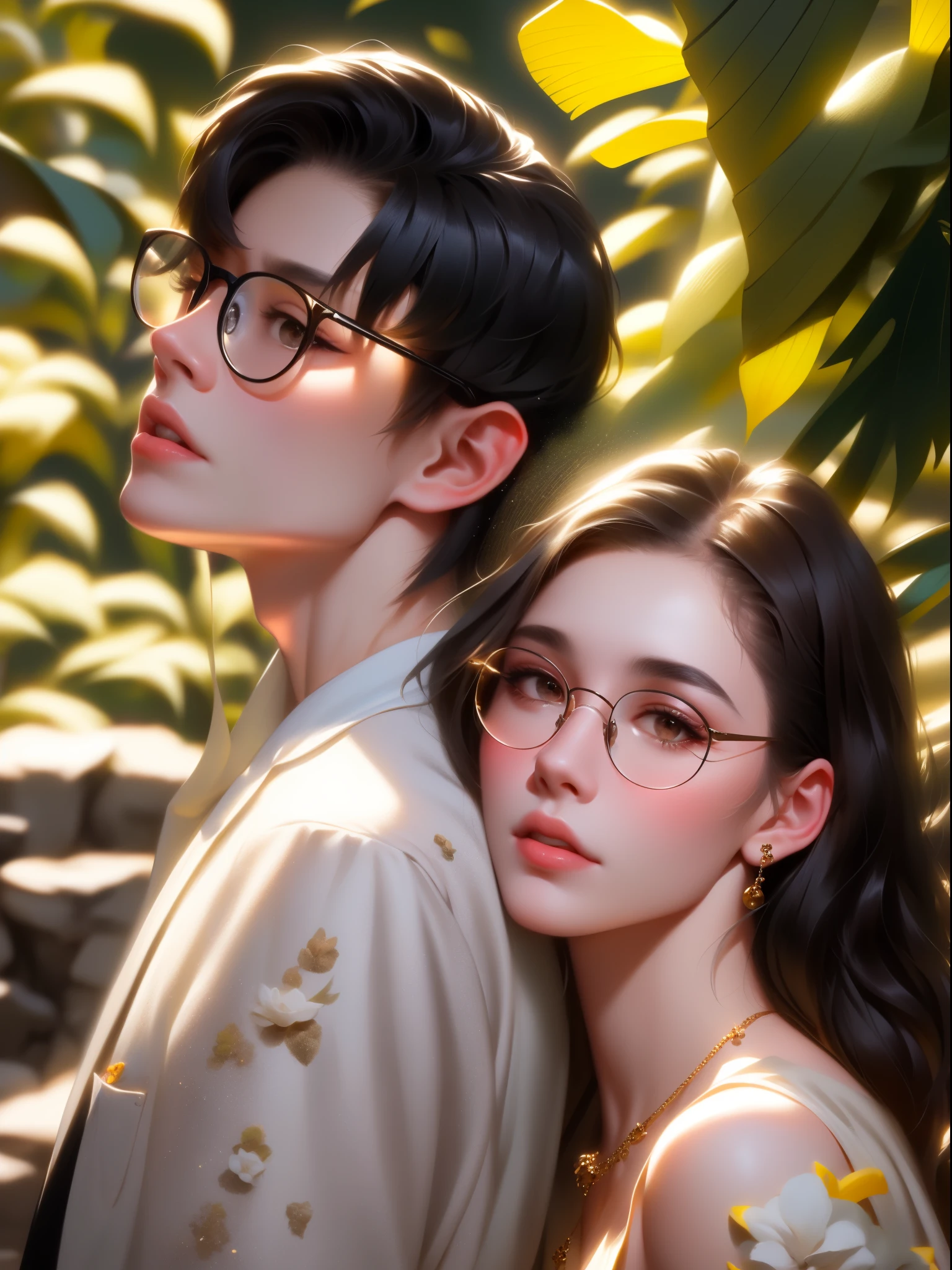araffe and a woman standing next to each other in front of a waterfall, with glasses, portrait shot, with square glasses, ( ( eye glasses ) ), eyeglasses, glasses, wearing small round glasses, wearing thin large round glasses, with glasses on, korean artist, wearing glasses, yanjun chengt, from 8 k matte, spectacled