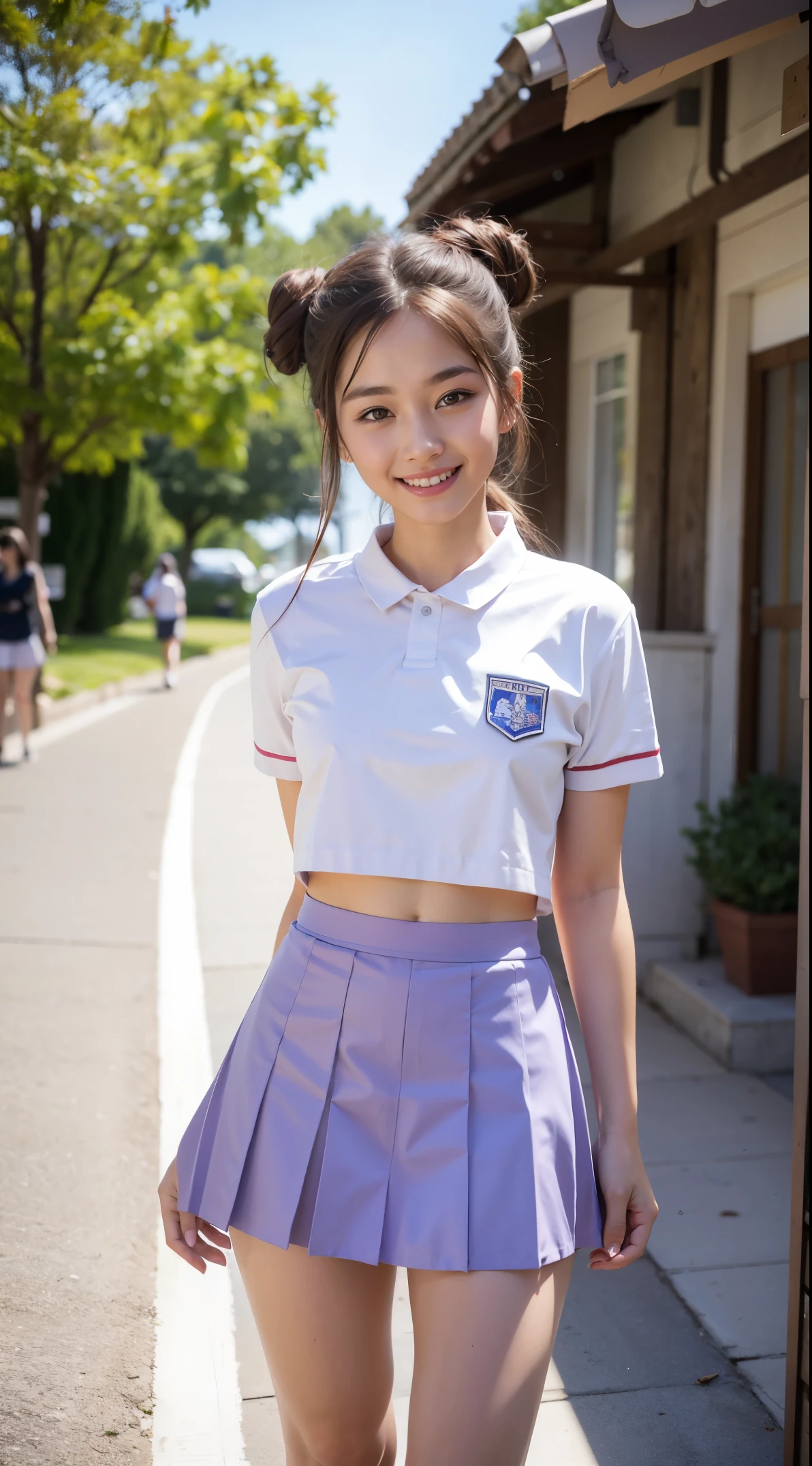 8k, best quality, masterpiece, realistic, ultra detail, photography, HDR, ROW photo, highres, absurdres, cinematic light, official art, High-definition, depth of field,
full body, beautiful legs, slender, cute face, smile, beautiful details eyes, 19years old korean, pretty, Double buns with lavender color,
school uniform, street, morning, running,