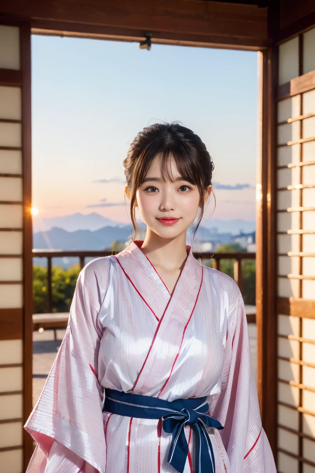 (natta:1.7), East Asian Architecture, 1womanl,Sitting on tatami mats, brunette color hair,(hair between eye), Lip flap, ,Beautiful fingers,Beautiful long legs,Beauty Body,Cute nose,Beautiful character design,perfect eyeace perfect,looking at viewert,(Innocent_Big_Eyes:1.0),(light_Smile:0.3),offcial art,Very detailed CG Unity 8K wallpaper,Perfect litthing,highly colorful,Bright_front_Face_Lighting,(tmasterpiece:1.0),(best_quality:1.0), 超A high resolution,4K,ultra - detailed, photography of, 8K, nffsw, hight resolution, absurderes:1.2, Kodak Portra 400, film grains, the background is blurred, Bokeh:1.2, Lens Flare Glow, ( Vibrant_Color:1.2) (Beautiful,Large_breasts:1.4), (Beautiful_Face:1.5),(narrow_waist-up),8K,Raw photo, 、Relax at a ryokan in Japan、The background is the open-air bath at night at a hot spring inn (Girls are not subjects:1.3) (Hair after a bath:1.3),(Hair is wet:1.3) ((Girls are not subjects:1.2))((Draw a wide night background:1.2),((Yukata with light blue stripes isolated on white background:1.3)),(Yukata does not need gloss at all:1.5)),((No need for a Korean yukata or Korean-style hairstyle.:1.5)),((Faithfully and realistically reproduce a pure Japan yukata:1.5))((Light Pink Band:1.3)),((The background is the entrance living room、At night, Overlooking the inn's large and beautiful gardens..:1.3)),((8th class))、((Light Pink Band:1.5)) ((Beautiful shiny straight short long:1.5)) sixteen years old、((Beautiful shiny straight short long:1.5))((Pink Band))、((The color of the band is pink:1.3),(Faithfully and realistically reproduce the obi of a yukata:1.3) ((Faithfully and realistically reproduce a pure Japan yukata:1.5)),((Walking through the corridors of the inn at night:1.3))a sense of depth、Night Hostel There are small lights and flowers in the hallway. (When you open a window, You can see a beautiful sunset outside.:1.3) sixteen years old、((Beautiful shiny straight short long:1.5))