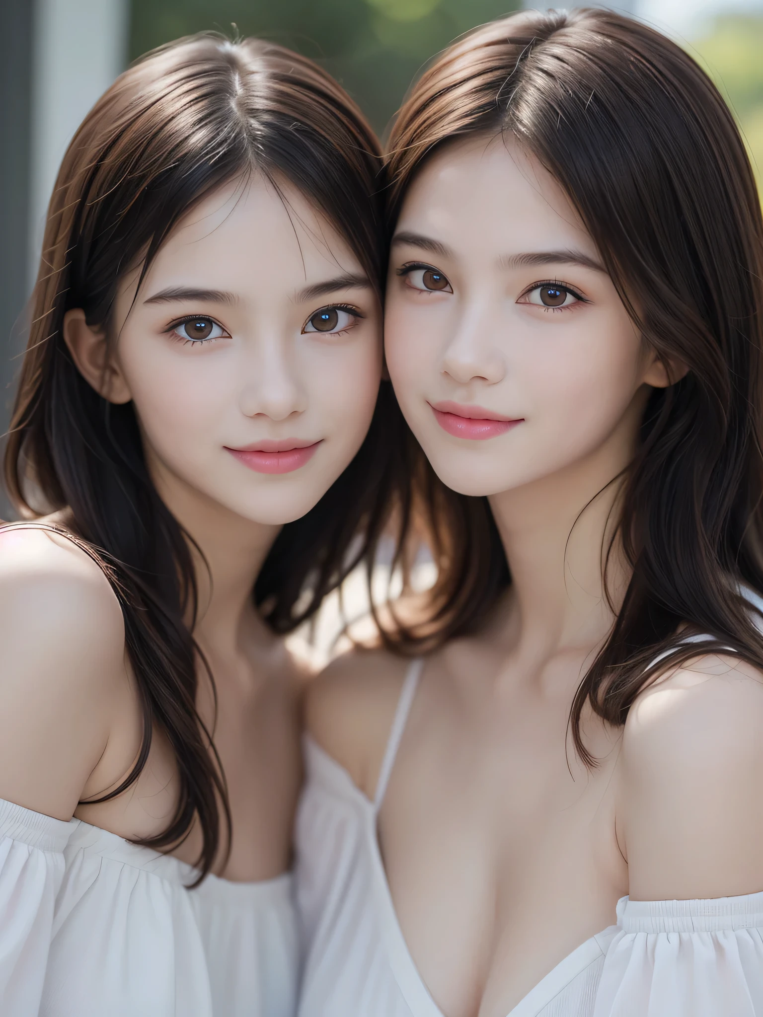 (2 young girls:1.3), (Ultra Realistic, hight resolution), (Highly detailed eyes, Highly detailed hair, Highly detailed face, Highly detailed plump lips), Naked, (off shoulders), breasts, Upper body, Search Smile, (Best Quality:1.4), Raw photo, (Realistic, photo-Realistic:1.37), Professional Photography, Cinematic Light, (Fine face: 1.2),