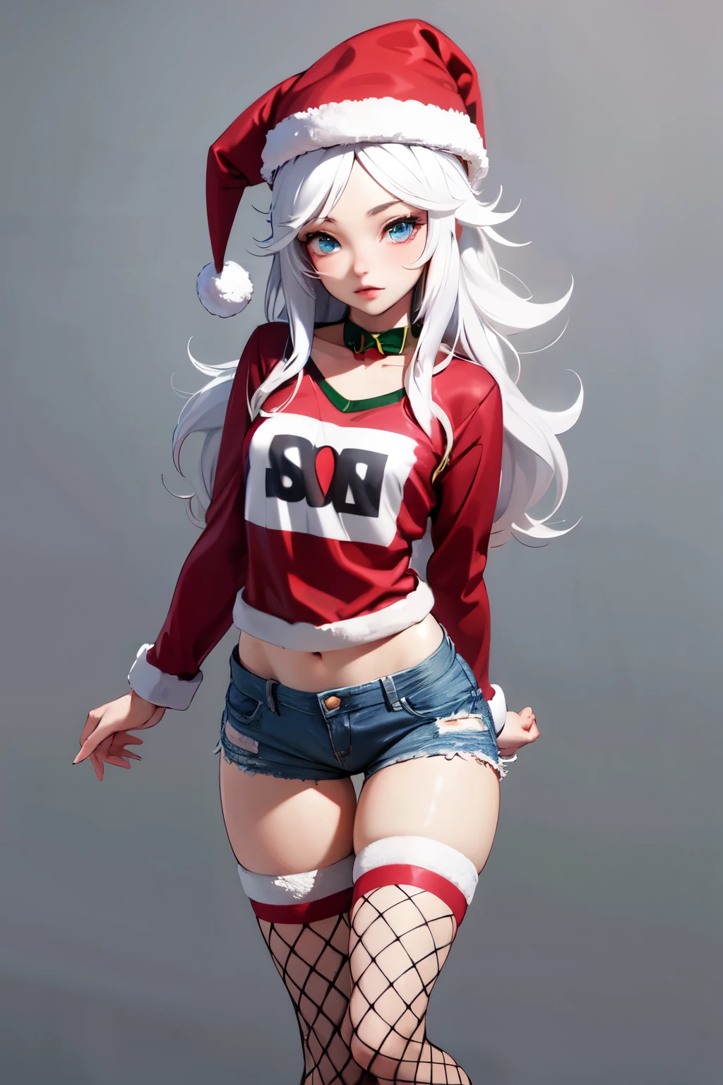 Single Anime female, Short, Long white hair, wolf ears, wolf tail, blue eyes, wearing short denim shorts, thigh high fishnets, black combat boots, wearing fur lined open pink jacket, flat chest, super flat chest, wearing cropped t-shirt, solo thicc thighs, wide hips, blue eyes, perfect eyes, perfect face, (((wearing santa hat)))