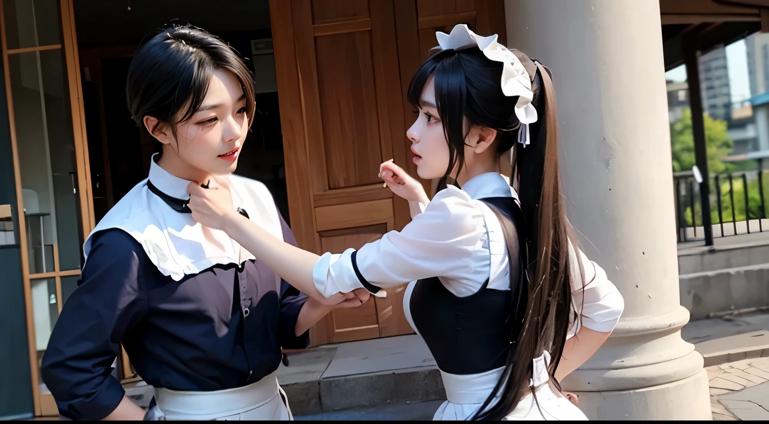 Two beautiful and adorable Japanese supermodel girls brutally lynching and abusing a man in cosplay costumes.。、　A girl in a maid uniform and a girl in a white cyber dress high kick a man from the front and back