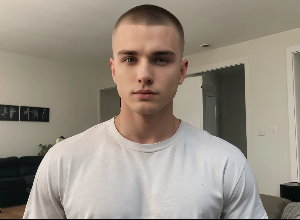 23 year old male, handsome, aaron paul (dark blonde buzzcut military haircut, fade haircut, good jawline, big dark eyes, well built, fit,) full body posing, wearing casual streetwear clothes (blank, only colors) in living room