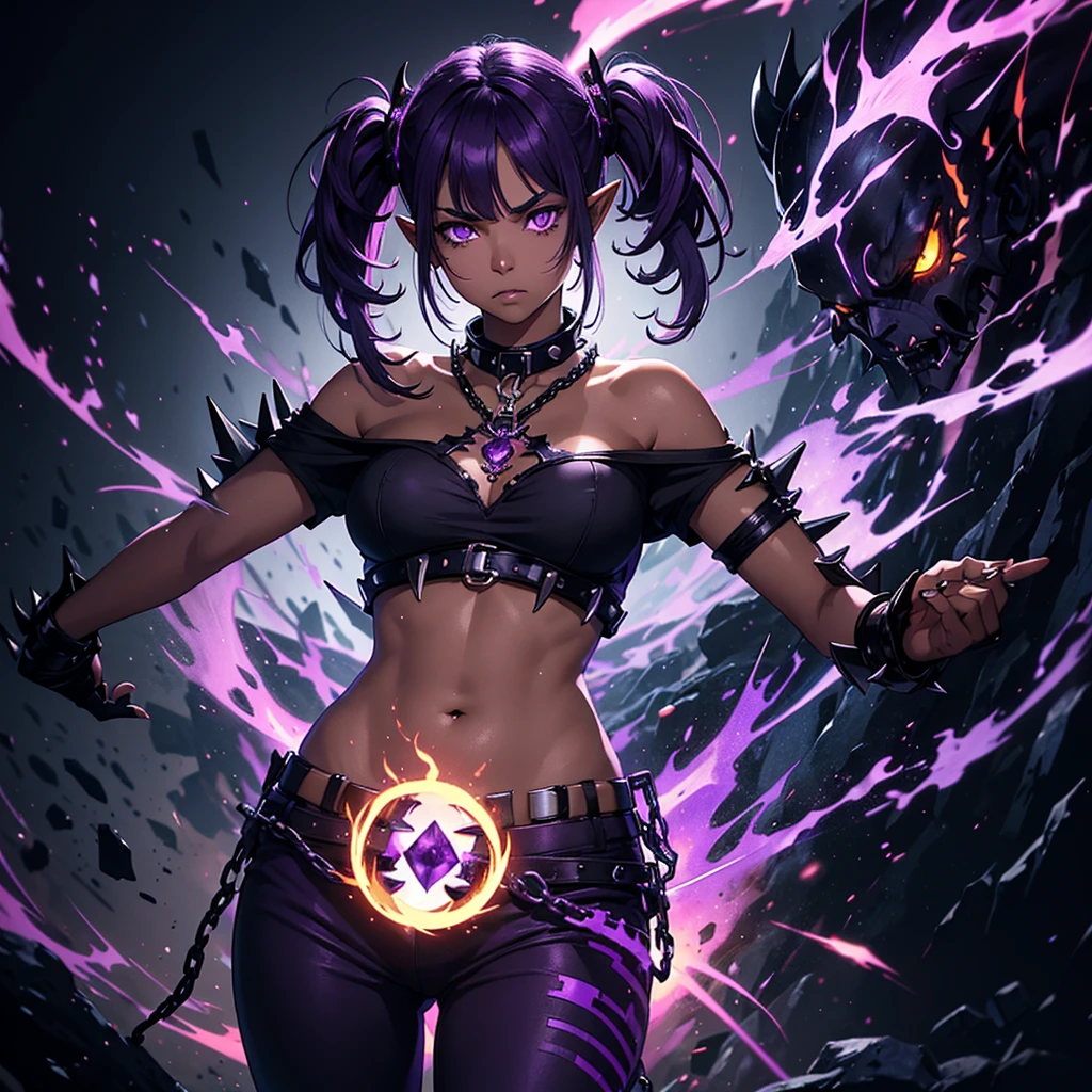 Absurdities, High Resolutions, Ultra Detailed, (1 Girl: 1.2), (((Dark Tan Skin: 1.0))), ((1girl)), ((Full body)), Short dark shirt that only reaches the navel, Elf's ears, (Sleepy and tired eyes),
Pants with chain on one side, purple hair, Short hair with pigtails and bangs, Purple eyeliner, purple eyes, with braceras on their hands in the shape of spikes, Spiked collar on the neck, ((Summoning powers with purple fire )) bright lighting, cyberpunk