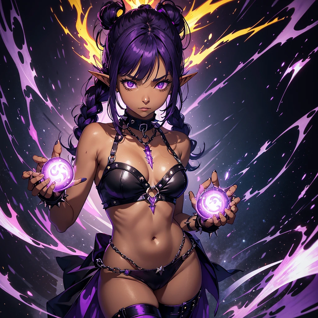 Absurdities, High Resolutions, Ultra Detailed, (1 Girl: 1.2), (((Dark Tan Skin: 1.0))), ((1girl)), ((Full body)), Short dark shirt that only reaches the navel, Elf's ears, (Sleepy and tired eyes),
Pants with chain on one side, purple hair, Short hair with pigtails and bangs, Purple eyeliner, purple eyes, with braceras on their hands in the shape of spikes, Spiked collar on the neck, ((Summoning powers with purple fire )) bright lighting, cyberpunk