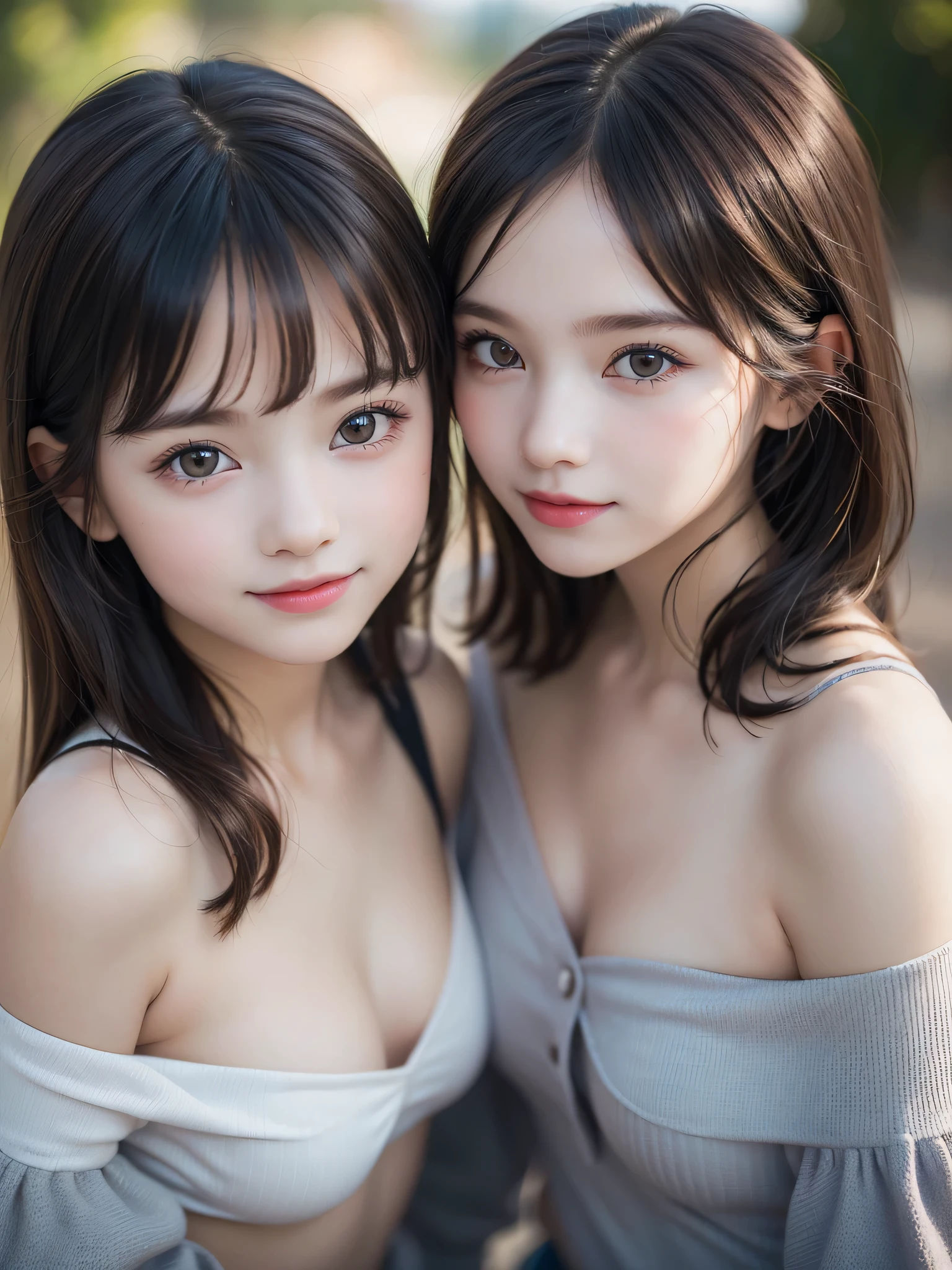 ((2 Little Girls:1.3)), (Ultra Realistic, hight resolution), (Highly detailed eyes, Highly detailed hair, Highly detailed face, Highly detailed plump lips), (off shoulder with open breasts), breasts, Upper body, Search Smile, (Best Quality:1.4), Raw photo, (Realistic, photo-Realistic:1.37), Professional Photography, Cinematic Light, (Fine face: 1.2), (View from above),