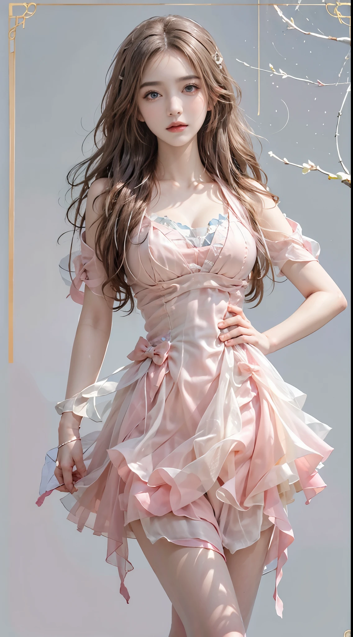 Romantic Rosette dress2, realistically, A high resolution, 1人の女性, Alone, (Detailed faces), Brown hair,  blue color eyes, beautiful boobs , 0p、blend４, (Best Best Illustration: 1.1), (The best shadow: 1.1), Expressing the、Glowing and radiant skin。actual、(真实感:1.37)、(K-pop idol)、messy  hair、Medium hair、(pink blush)、(illuminated)、(独奏)、dynamicposes、(lean legs)、north african free trade area、The content is very detailed ambient occlusion、超A high resolution, 超actual, The content is very detailed