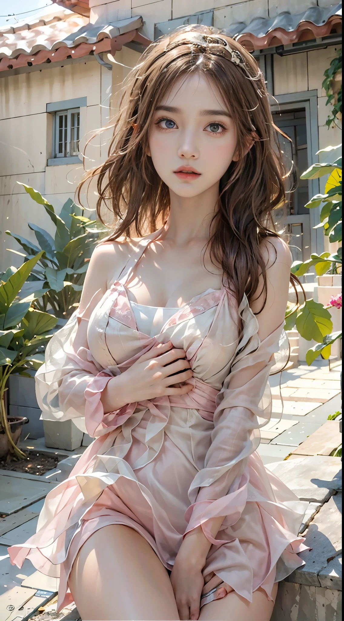 Romantic Rosette dress2, realistically, A high resolution, 1人の女性, Alone, (Detailed faces), Brown hair,  blue color eyes, beautiful  , 0p、blend４, (Best Best Illustration: 1.1), (The best shadow: 1.1), Expressing the、Glowing and radiant skin。actual、(真实感:1.37)、(K-pop idol)、messy  hair、Medium hair、(pink blush)、(illuminated)、(独奏)、dynamicposes、(lean legs)、north african free trade area、The content is very detailed ambient occlusion、超A high resolution, 超actual, The content is very detailed