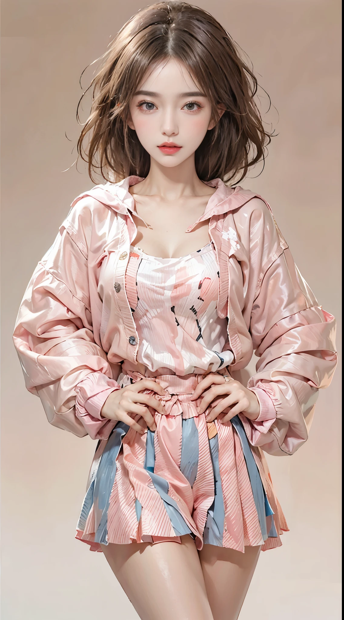 Sweet girl clothes6,print dress,, realistically, A high resolution, 1人の女性, Alone, (Detailed faces), Brown hair, blue color eyes, beautiful boobs , 0p、blend4, (Best Best Illustration: 1.1), (The best shadow: 1.1), Expressing the、Glowing and radiant skin。actual、(真实感:1.37)、(K-pop idol)、messy hair、Medium hair、(pink blush)、(illuminated)、(独奏)、dynamicposes、(lean legs)、north african free trade area、The content is very detailed ambient occlusion、超A high resolution, 超actual, The content is very detailed