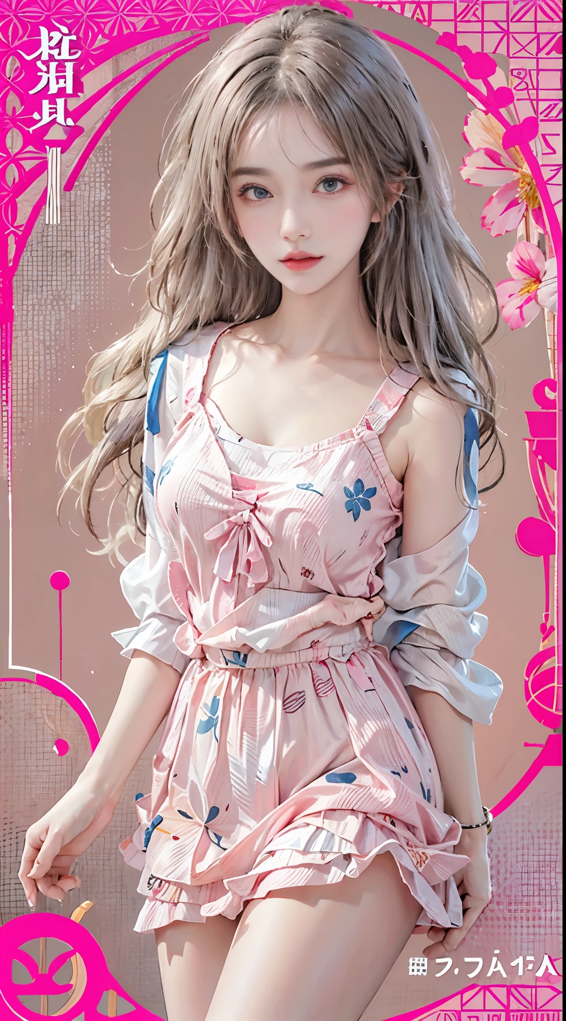 Sweet girl clothes6,print dress,, realistically, A high resolution, 1人の女性, Alone, (Detailed faces), Brown hair, blue color eyes, beautiful boobs , 0p、blend4, (Best Best Illustration: 1.1), (The best shadow: 1.1), Expressing the、Glowing and radiant skin。actual、(真实感:1.37)、(K-pop idol)、messy hair、Medium hair、(pink blush)、(illuminated)、(独奏)、dynamicposes、(lean legs)、north african free trade area、The content is very detailed ambient occlusion、超A high resolution, 超actual, The content is very detailed