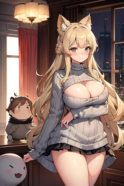 hight resolution, absurdress, hiquality, 1girl, 独奏, Count Zeppelin /(kancolle/), gray eyes, blonde hair, (large breasts:1.3), sweater, grey sweater, (pantyhouse:1.4,) Standing, warm, Dark room, slight smile, Huge ass, wide hips, bubble butt, chubby butt, SFW, At the back, SFW, round butt