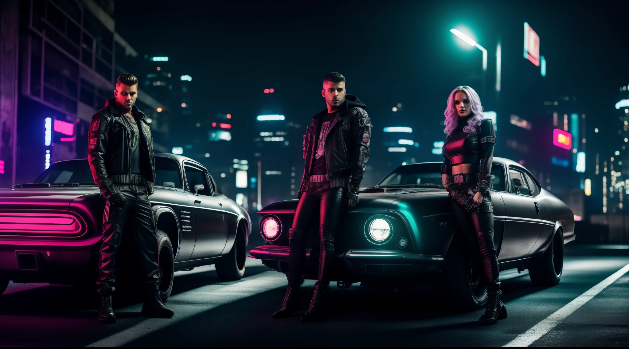 cyber punked theme male and female leaned up against a retro style car in a gritty and dark cyberpunk city at night., UHD, high quality, 1080P