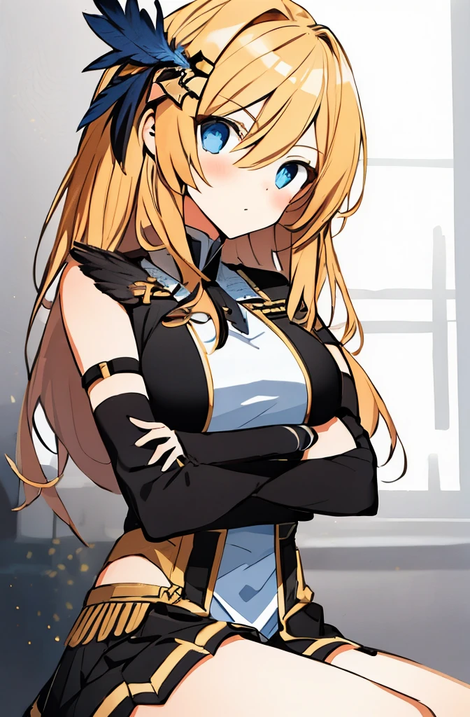 1个Giant Breast Girl,Alone,Flaxen hair,Hair over the shoulder,feathers hair ornament,eBlue eyes,Large breasts,Side breasts,Absolute opportunity,{Clothing that exposes},Crossed arms,looking at viewert,Dark_Personality masks,Crossed_leges,gloves,necktie