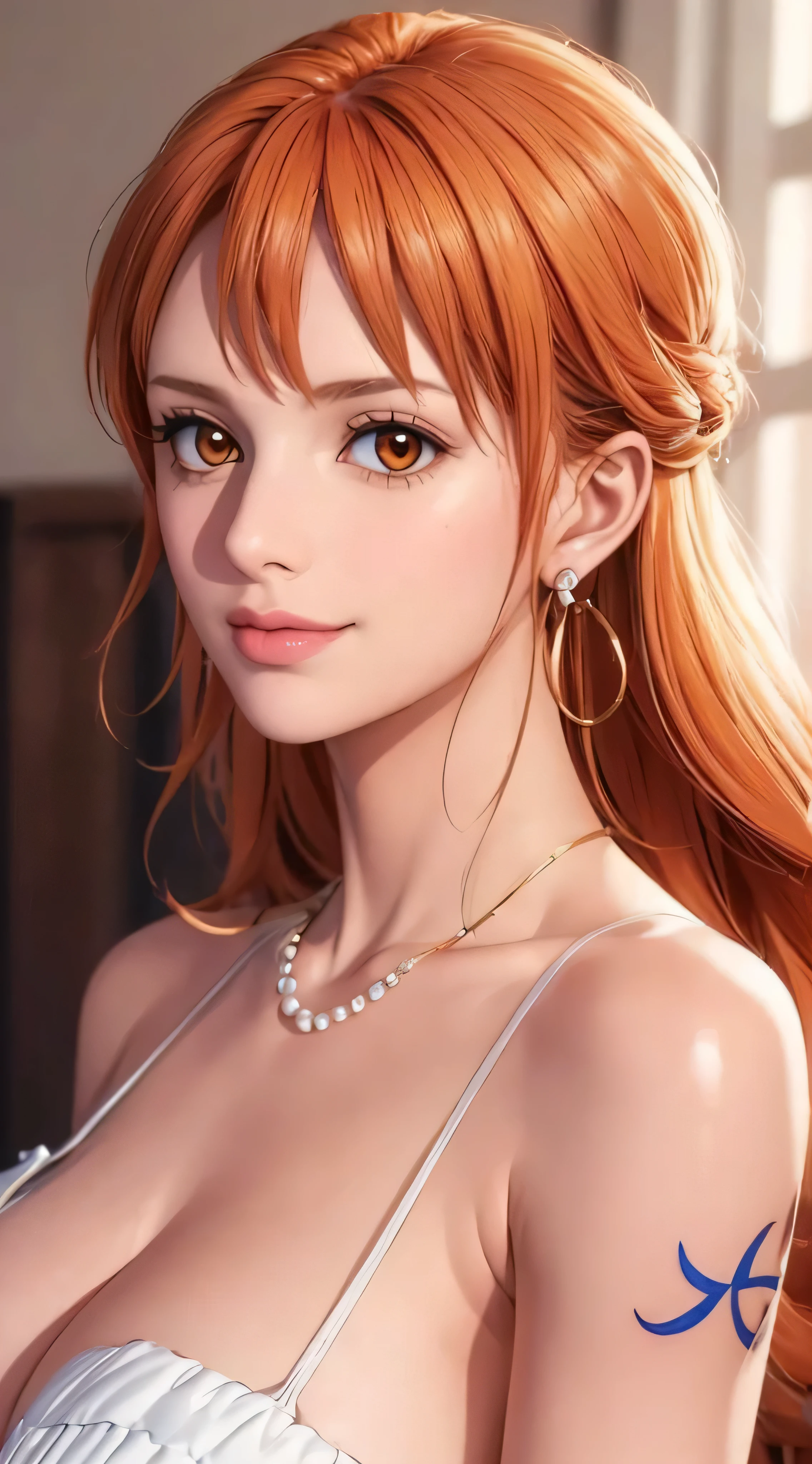 （（（with brown eye，Gold bracelet，Pearl earrings，left shoulder tattoo，orange color hair，（（white dresses）），S-shaped body:1.7））），((tmasterpiece)),A high resolution, ((Best quality at best))，tmasterpiece，quality，Best quality，（（（ exquisite facial features，looking at viewert,There is light in the eyes，Smilingly，self-assured ））），（（（Light and shadow interlace，Huge big breasts））），（（（1 Sister， dynamicposes, 1 girl, (complete figure:0.9), own,Human body silhouette， ((good body)),Girl posing for photo，24 years old female model，perfect foot、Have perfect arms behind your back)）））