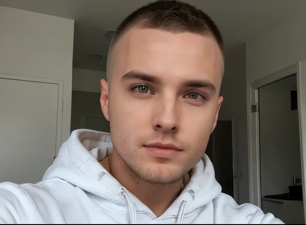 23 year old male, handsome, aaron paul (dark blonde buzzcut fade haircut, good jawline, big dark eyes, well built, fit,) selfie wearing white hoodie