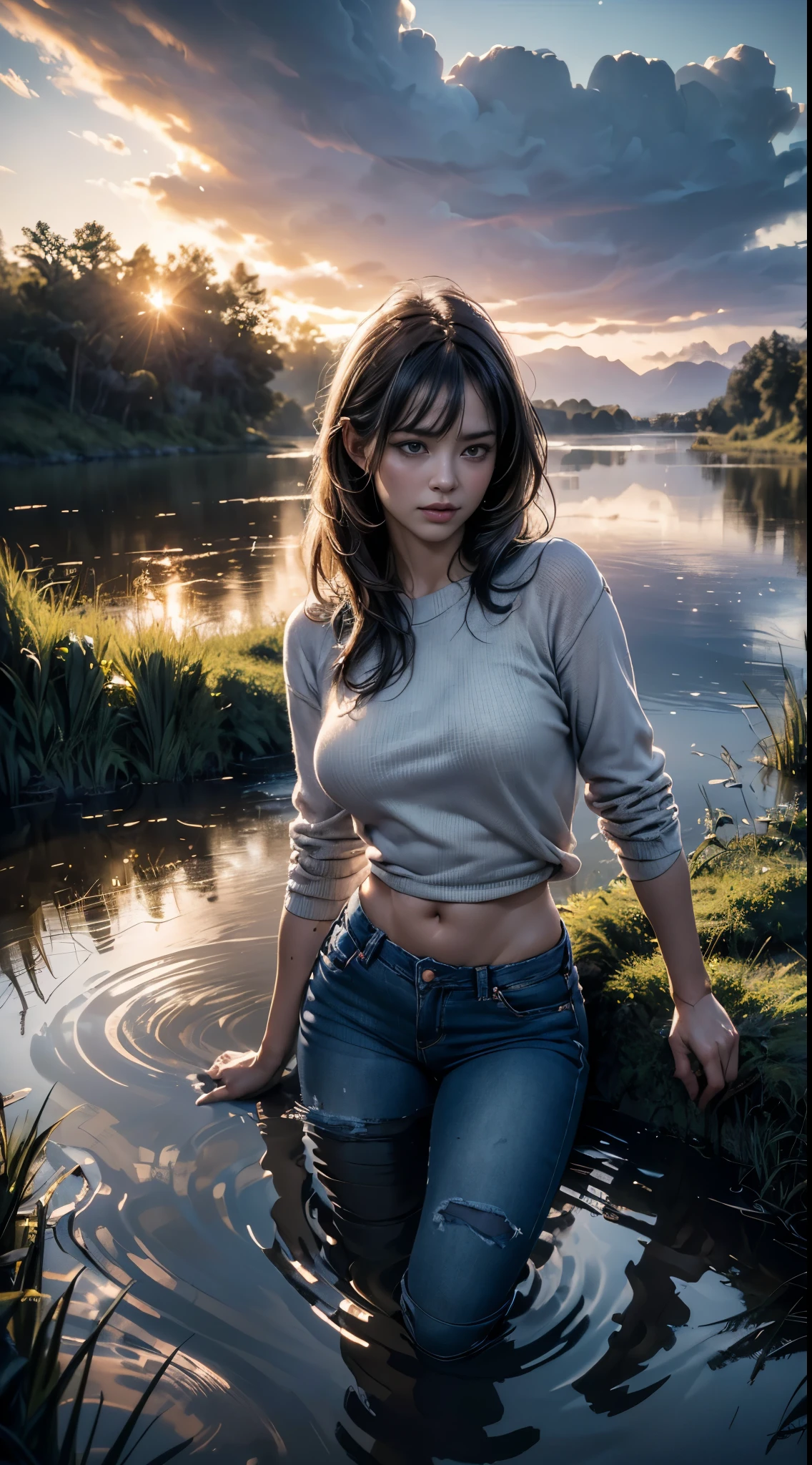 (Best Quality,4k,8K,hight resolution,Masterpiece:1.2),Ultra-detailed,(Realistic,Photorealistic,photo-realistic:1.37),The woman, drowning on his hips in a muddy swamp, Detailed jeans, ominous vibe, Blurred sky, Subtle reflections on the surface of the water, Eerie landscapes, Distinct facial features, Strong emotions.