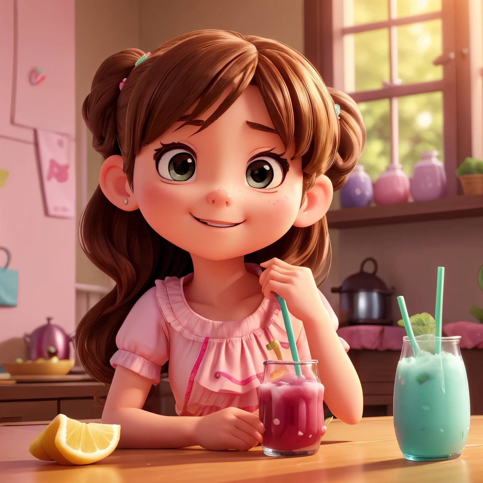 kitchin、Drink juice、Teenage woman、cute little、(Brightness -50) perfectquality、Clear focus (Clutter-Home:0.8)、(​masterpiece:1.2) (realisitic:1.2) (bokeh dof) (top-quality) (detailed skins:1.3) (intricate-detail) (8K) (Eye of Detail) (foco nítido), (Happiness）