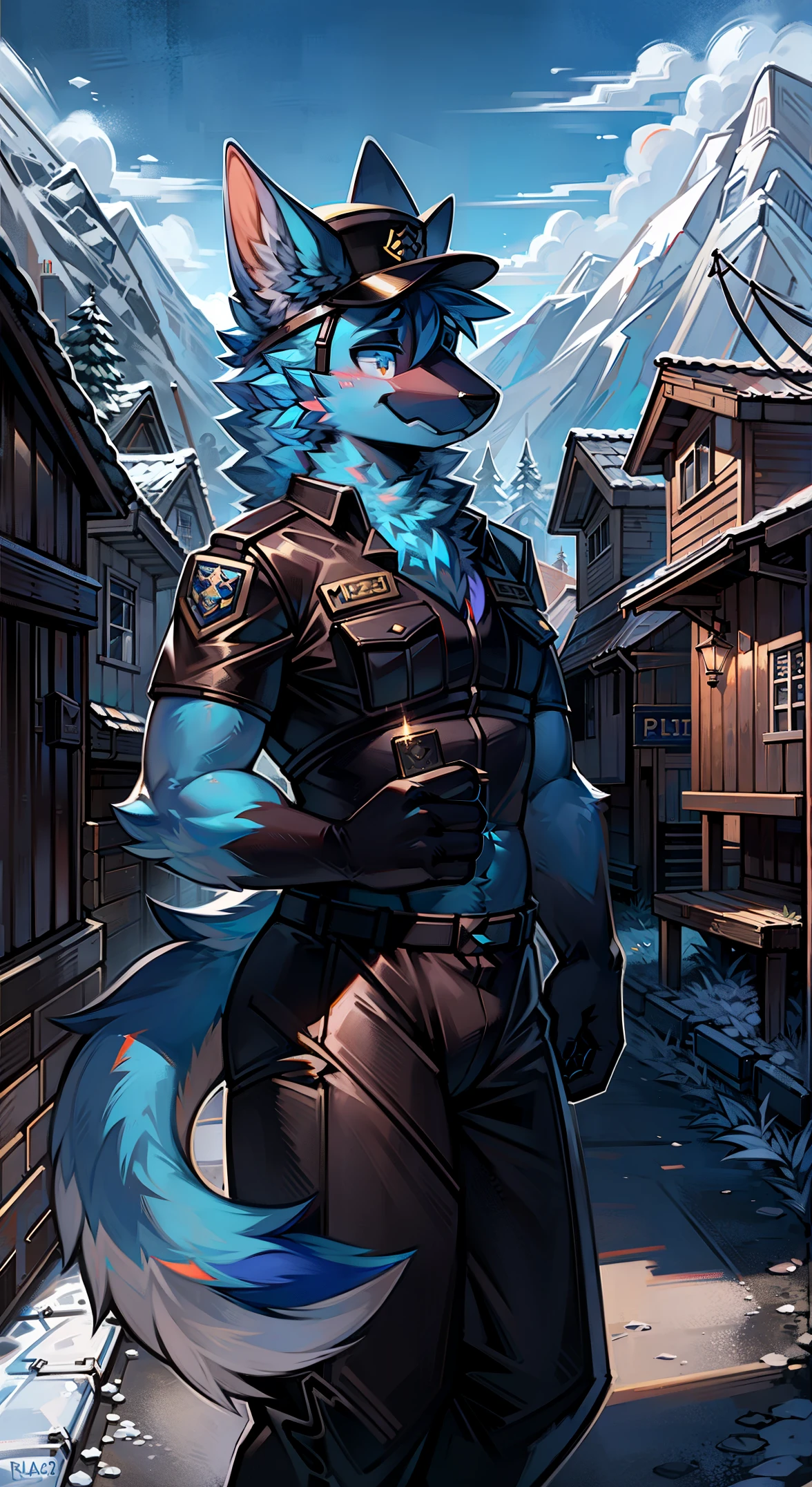Furry police officer, bright fur, police cap, vibrant background, village background