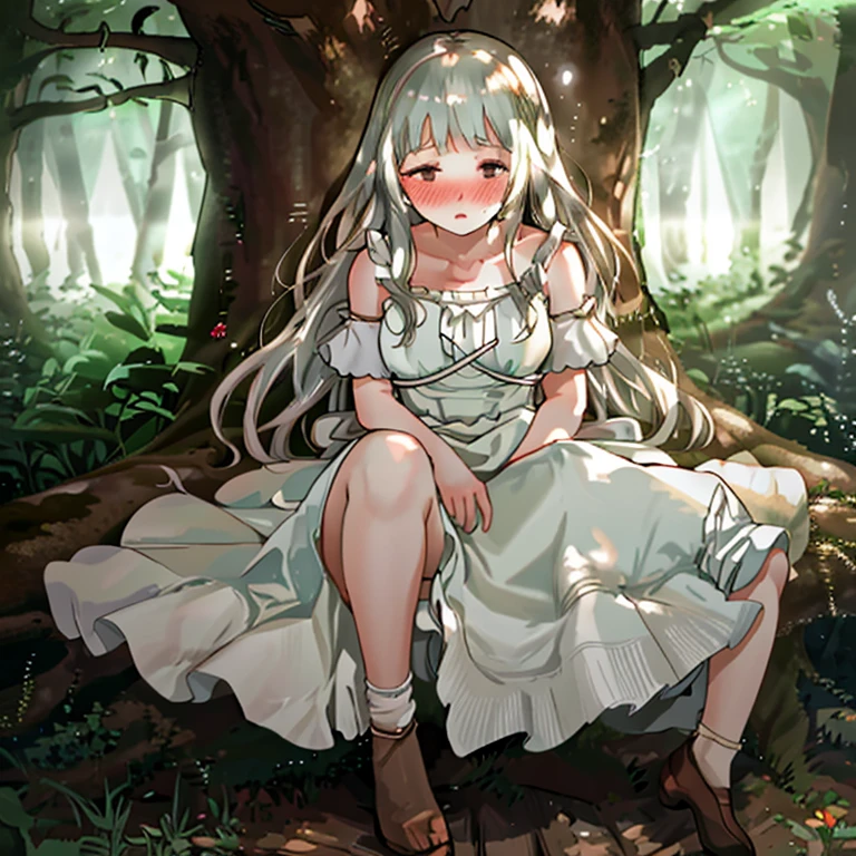 Fantasia,brand hair girl,wear a white dress,Sit on a tree,opens legs,red blush,in woods,natural soft light,Futomo,foliages,European Forest,Princess,embarrassed from,View here,Longhaire,hiquality,ムラムラ