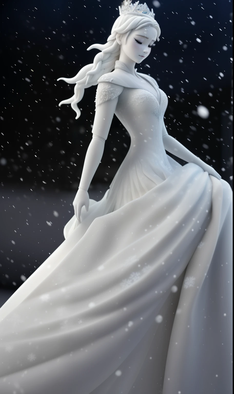 a close up of a yuki covered statue of a woman in a dress, goddess of winter, frozen like a statue, winter queen, Frozen statue, winter princess, Emma Watson plays the Queen , frozen in motion, anime barbie white, yukiing, 3d statue!!!, women by , with frozen flowers around her, yuki