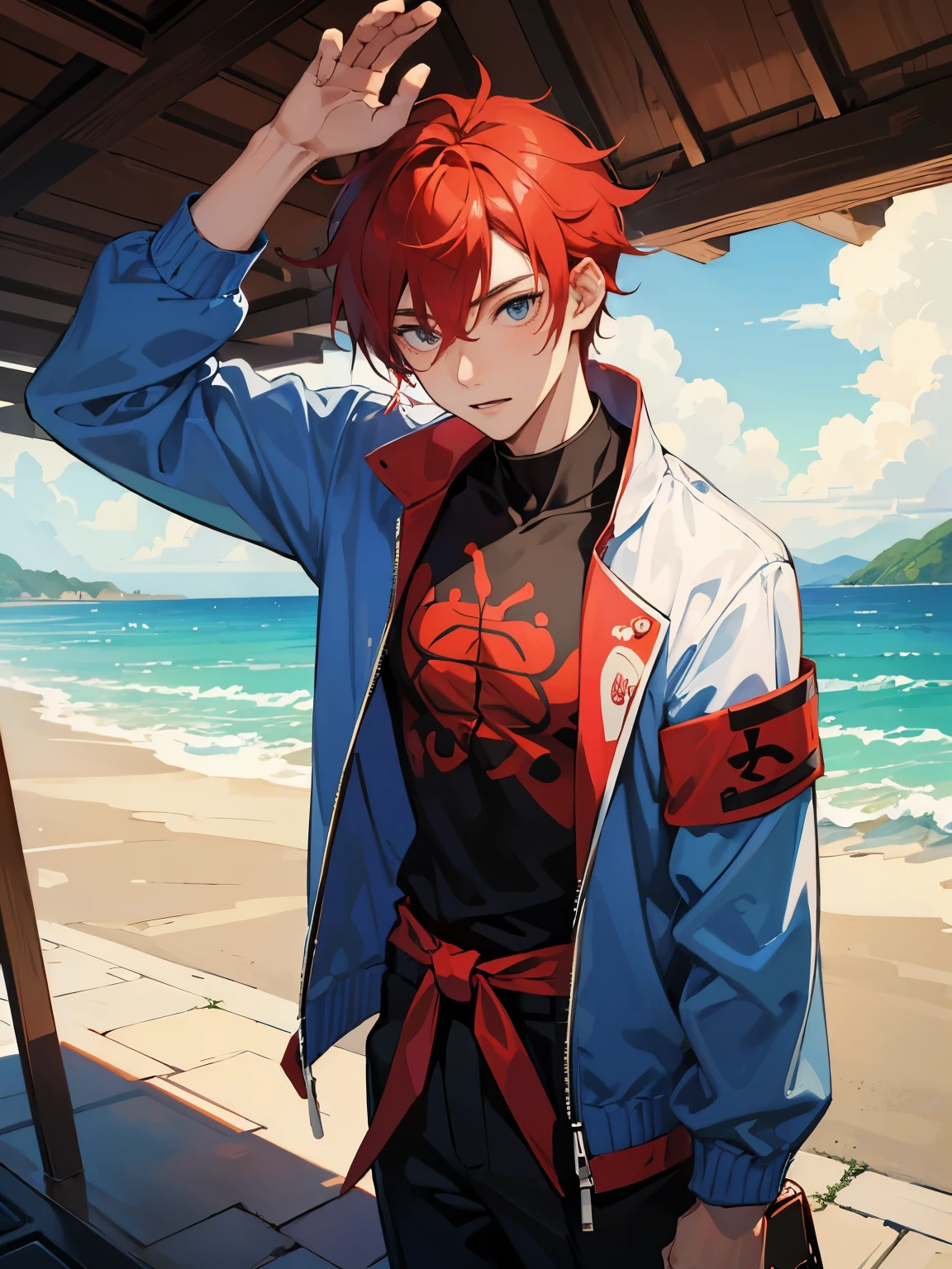 (Best Quality)), ((masutepiece)), Perfect face,One Man,20代の男性,twinks,from waist up,cool,Red-haired,dynamic ungle,smart,Adults