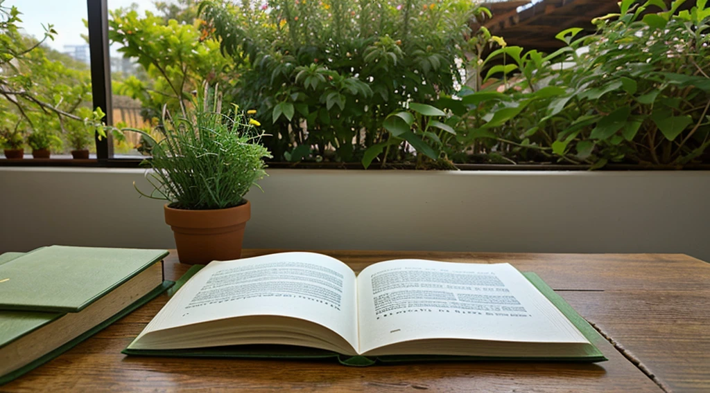 Una mesa de artista con plantas, libros, papel, handheld, estante, calzoncillos, con vistas a un entorno verde