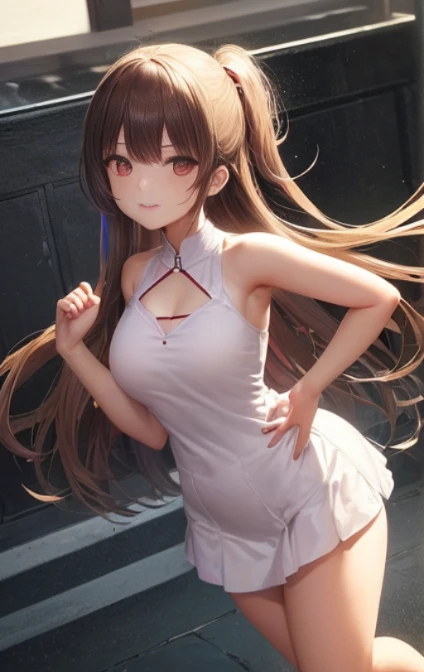 ung girls, 独奏, White polo shirt, White sneakers,
, white mini-skirt, tmasterpiece, Best quality at best, realistically, ultra - detailed, (shiny skins, perspired:1.4), Huang Li, looking at viewert, with short black hair, with brown eye,slenderness,Dynamic light and shadow,A high resolution,Focus sharp,depth of fields,The eyes are delicate,Sharp pupils,student reality,(Bigchest:1.6),(upper legs粗:1.0),luring,sky sky,ultra - detailed,tmasterpiece,Best quality at best,love letter,blush blush,Yazawa Nico,red eyes, On the cheongsam,face flushed,Blunt hair,On the ground, upper legs,chubbiness,ssmile,both hands on hip,Frontal view