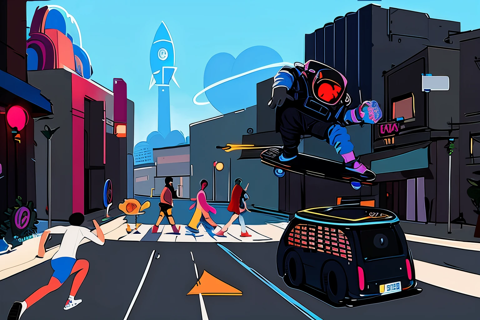 Requires coloring,Futuristic,Metal drawing of skateboarders in the city, An epic road trip into outer space, love concept art, Busy streets of the moon, city street on the moon, spaceship landing, Commercial illustration, Inspired by NEVERCREW, Concept illustration, Postapo, 1980s art, Trends in behance illustrations, Animated illustration style