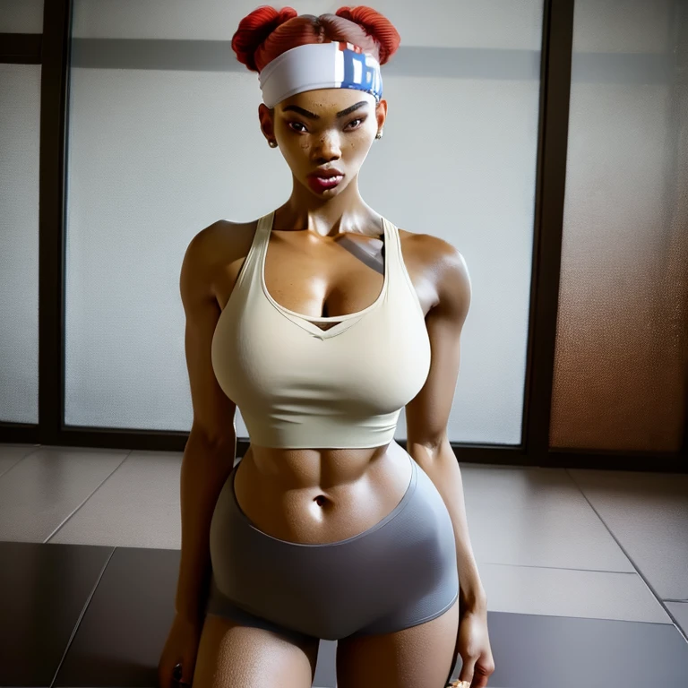 1girl, dark-skinned female, red hair, big breasts, brown eyes, asian face, double bun, facing viewer, abs, thic legs, open legs, cintura, lenceria deportiva, sports bra, sports panties, headband, collarbone, navel, standing, whole body, cleavage, cyberpunk, open hospital,(insanely detailed, beautiful detailed face,beautiful detailed eyes, masterpiece, best quality)