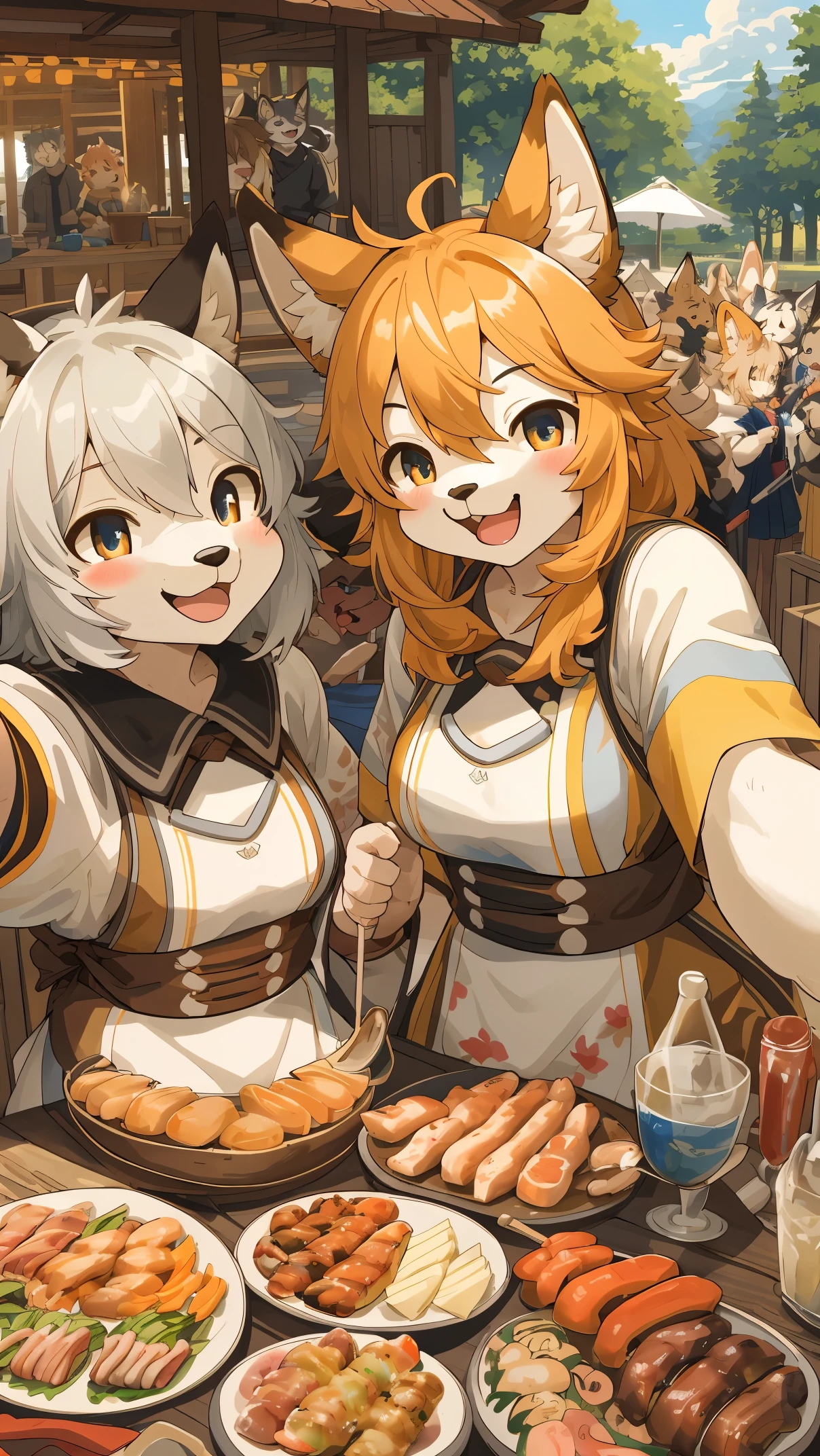 top quality, best quality, High-quality illustrations, masterpiece, super high resolution, detailed background, detailed background, BBQ, group shot:0.5, 6+boys, 6+girls, Happy, joyful, absurdres(highly detailed beautiful face and eyes)perfect anatomy(kemono, furry anthro)selfie:0.2,