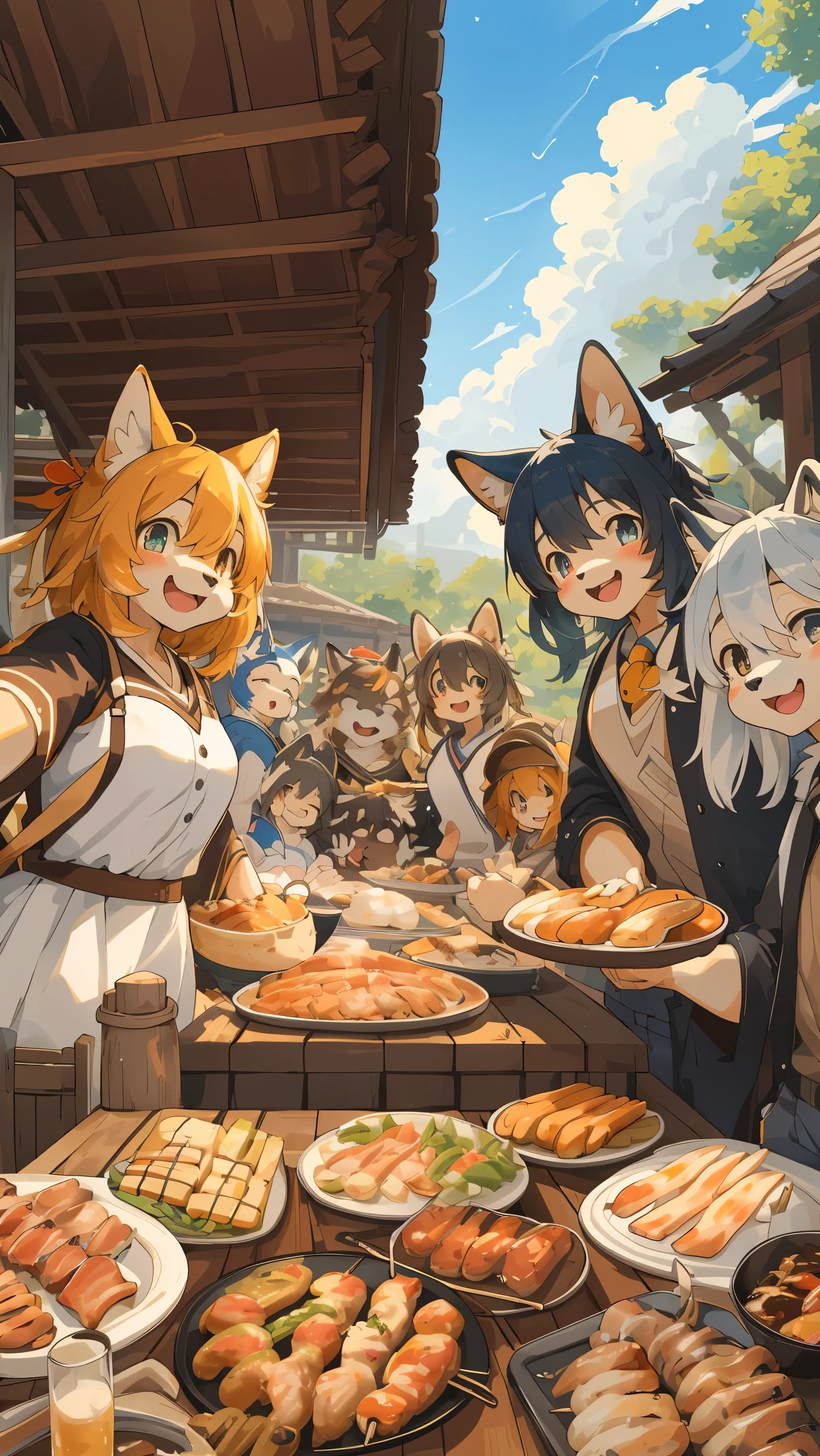 top quality, best quality, High-quality illustrations, masterpiece, super high resolution, detailed background, detailed background, BBQ, group shot:0.5, 6+boys, 6+girls, Happy, joyful, absurdres(highly detailed beautiful face and eyes)perfect anatomy(kemono, furry anthro)selfie:0.2,