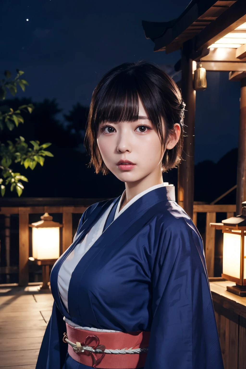 one woman,blue kimono,stoop down,large breasts,cute face,big eyes,cool face,short hair,looking at viewer,outdoor,night,shinto shrine,masterpiece, extremely fine and beautiful,photorealistic,Japanese