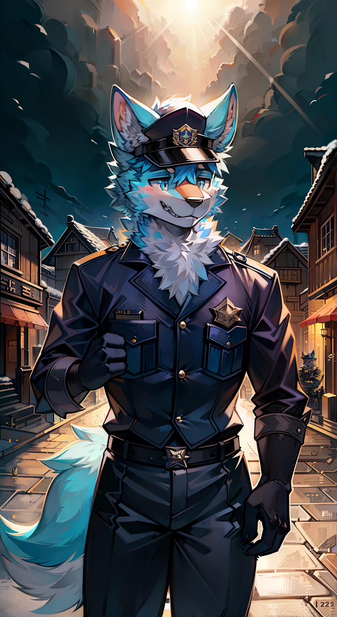 furry, bright fur, police officer, Policeman, furry police, furry sheriff, Police cap, bright background, Village Background