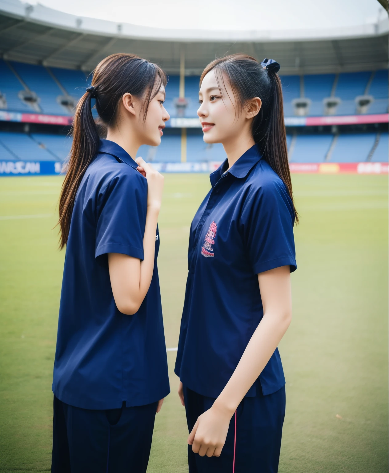 (bestquality,10,10,highres,masterpiece:1.2),ultra-detail,(Realistic,ภาพRealistic,photo-realistic:1.37),1 Cute girl in the football field,oily shiny skin,bara,light smile,BDclothelue shirt:1.3)),short sleeves,shirt, trousers.,(navy_long_ติดตามtrousers:1.1), ((Stadium Background:1.3)),dynamic angle,excited,face focus,Dynamic Poses,from behide,Ass Focus,masterpiece, bestquality, ultra realistic, hyper-detail, 8k resolution, RAW photo, crisp focus, ((Navy blue shirt:1.1)), short sleeves, เส้นทางlong, Complete bodyแบบ, 2 mature women, 18yo, cinematic light,trousersวอร์มสีน้ําเงิน,Gymware,Correct anatomy,Complete body, Correct body, sharp face, Correct bodyทางกายวิภาค, full entire body, Realistic gestures, long-haired, Realistic poses,Wear long shorts...........................................,ช่วงขาlong,Shapely,Sculpting Girl, Slender Figure, mannequin mannequins, Shapely, Beautiful body,trousersวอร์มสีน้ําเงิน, Two girls kissing