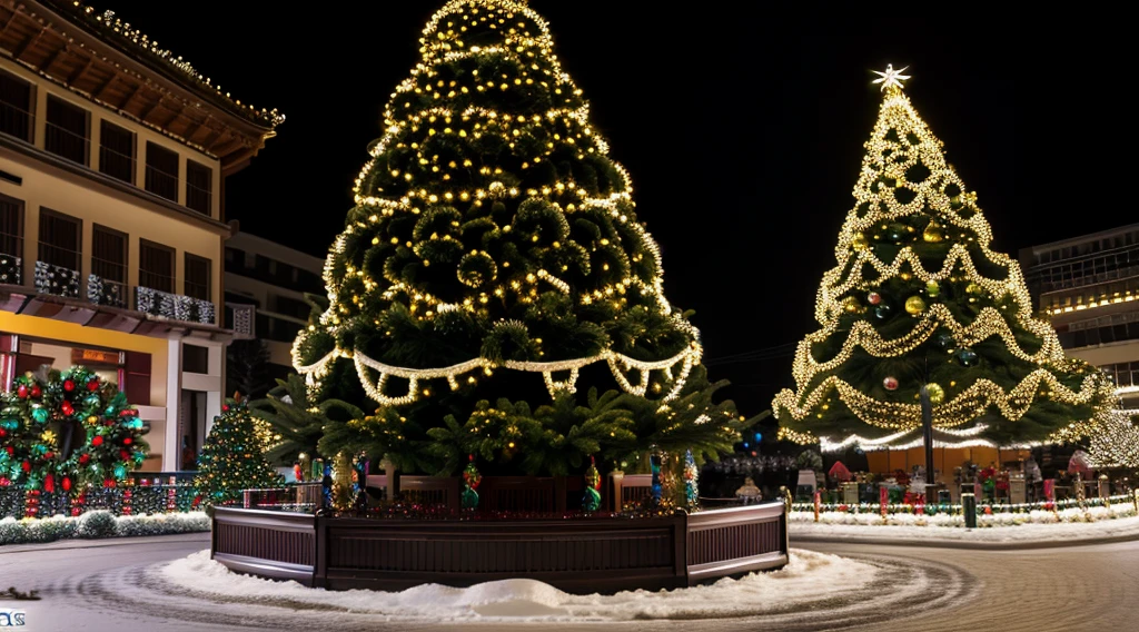 Hyper-realistic，8K，hyper HD，christmas night，Christmas tree，sled，(((3只驯鹿围绕着Christmas tree)))，Festive atmosphere，Dark tones，The light is dim，Realistic skin texture，cinmatic lighting、Ray traching，kanon、f/2.8、16k、A high resolution，acurate